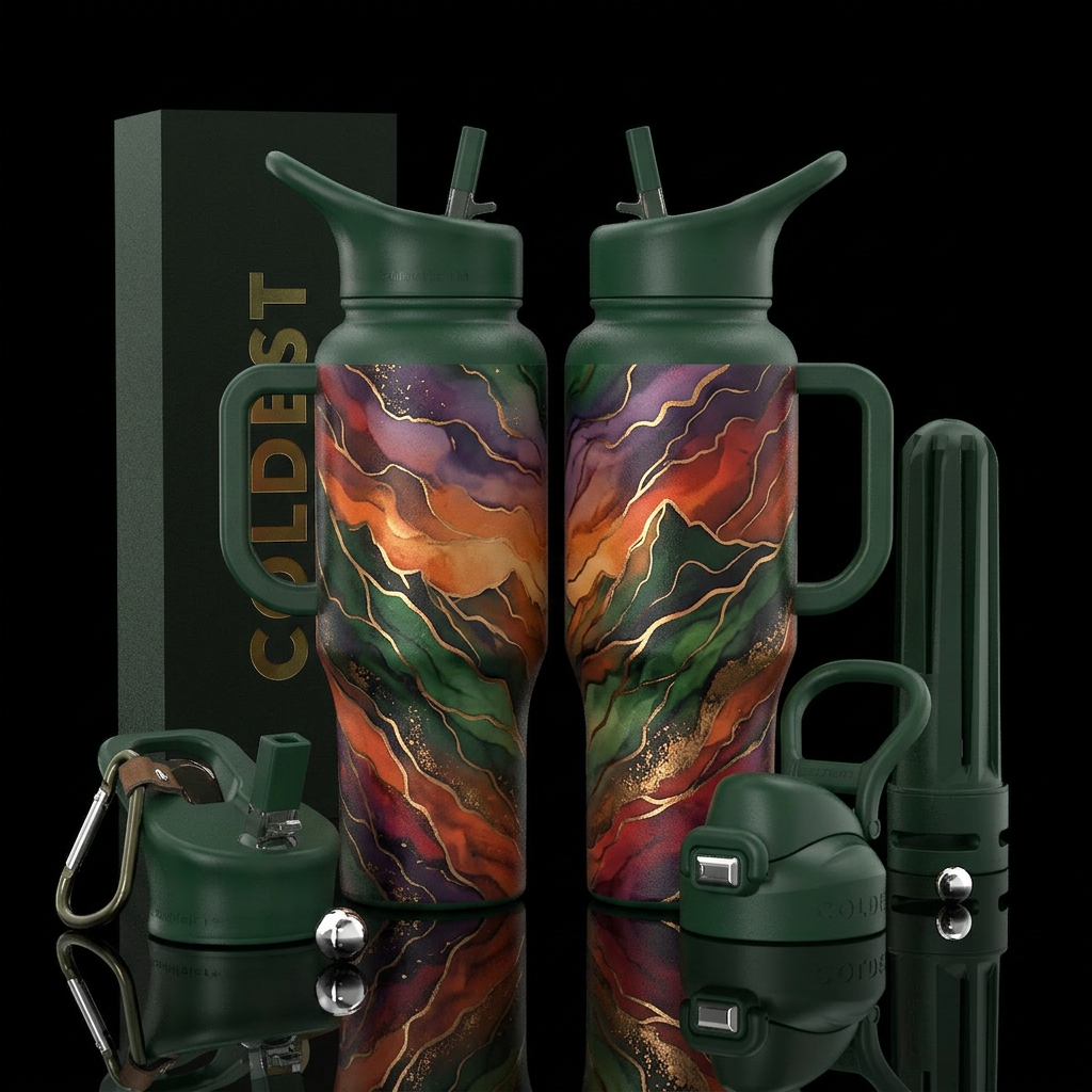 shiny, realism, please show both the front and bac... water bottle design