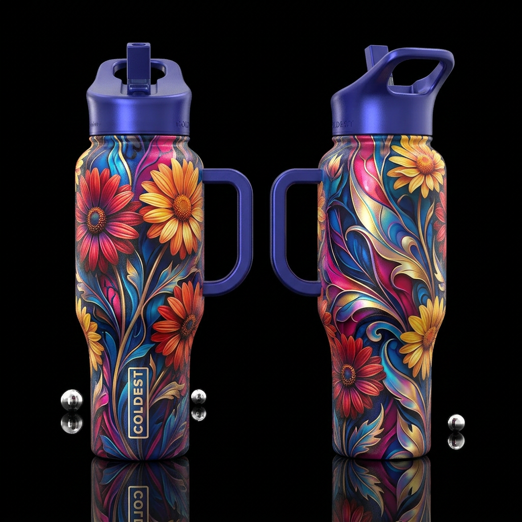 shiny, realism, please show both the front and bac... water bottle design
