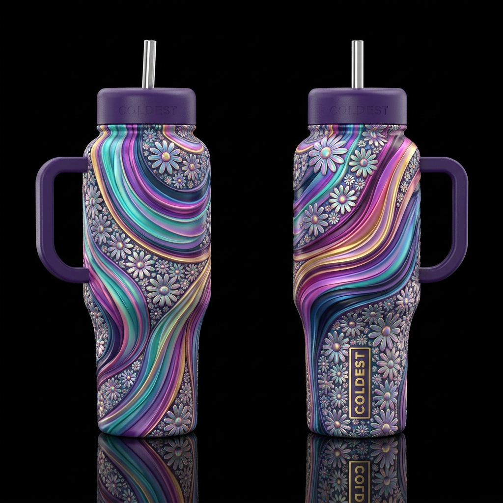shiny, realism, please show both the front and bac... water bottle design