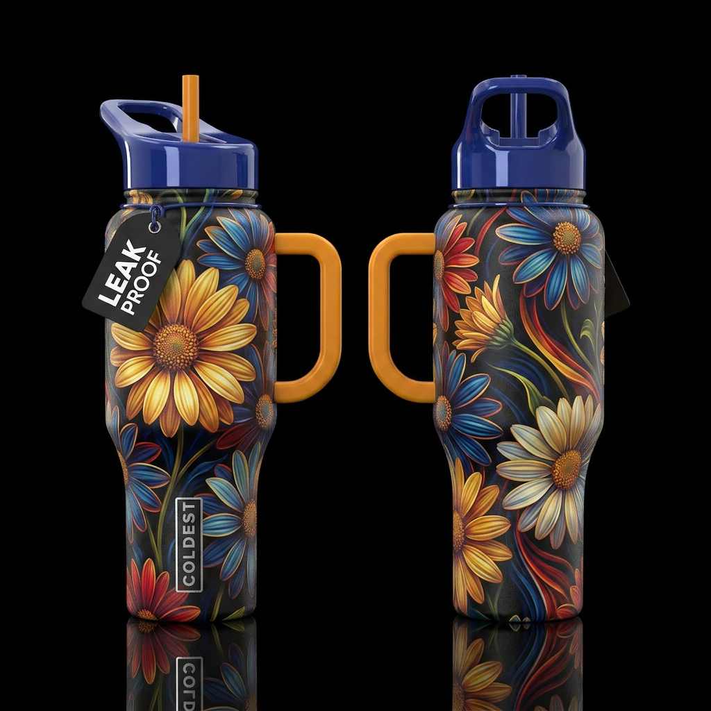 shiny, realism, please show both the front and bac... water bottle design