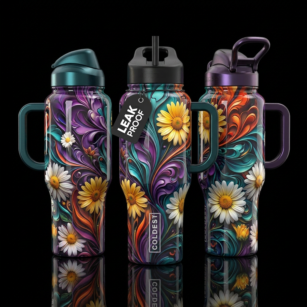 shiny, realism, please show both the front and bac... water bottle design