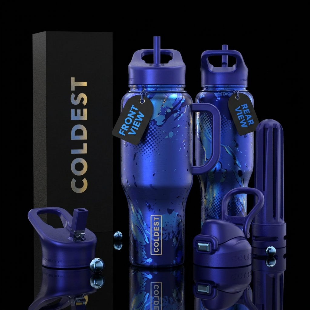 realism, please show both the front and back of th... water bottle design