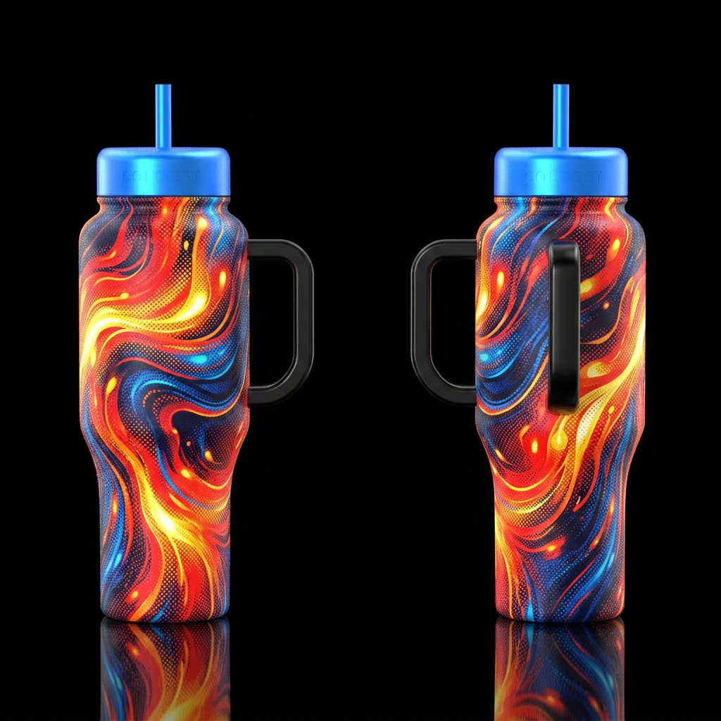 realism, please show both the front and back of th... water bottle design