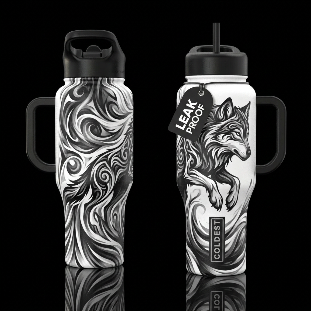 please show both the front and back of the bottle,... water bottle design