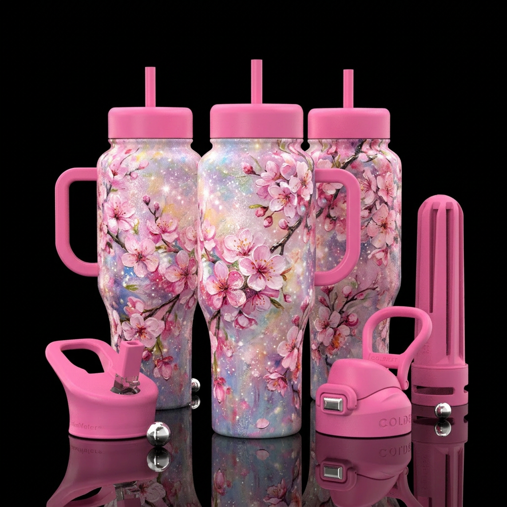 Pink Blossoms in Paint water bottle design