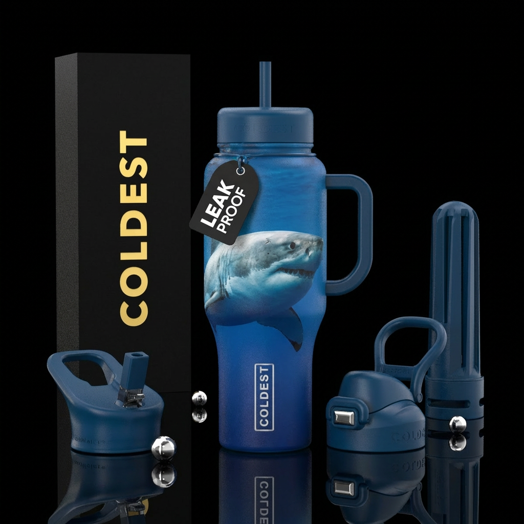 Great white shark side view in the water water bottle design