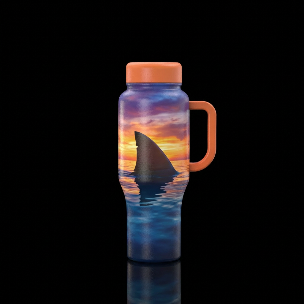 Shark fin in sunset water bottle design