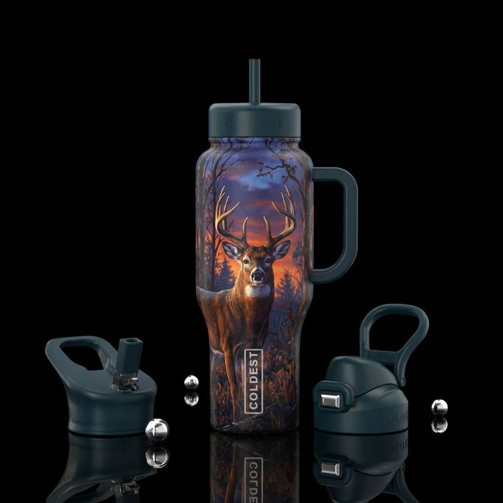 10 point white tailback in the woods at dusk water bottle design