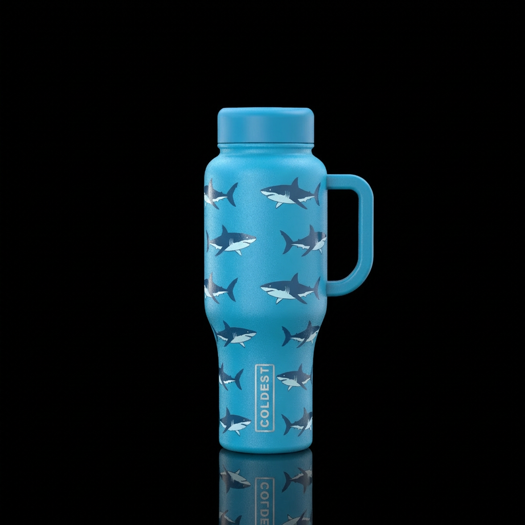 Great white shark silhouette all over ocean blue b... water bottle design