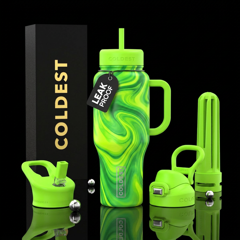 Neon to green swirl water bottle design