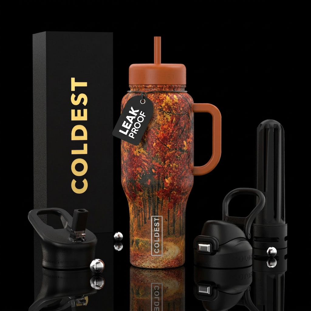 Leaves falling autumn trees red orange and yellow water bottle design