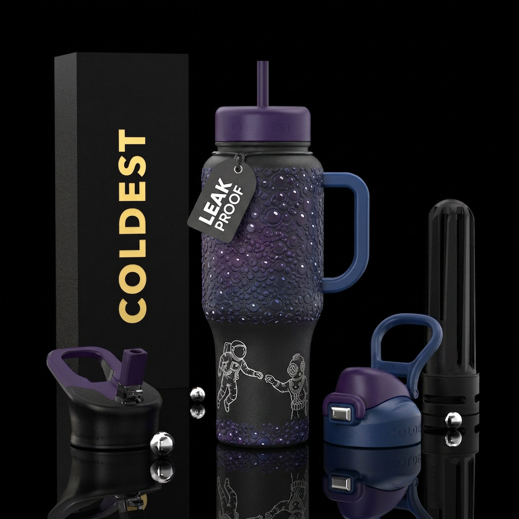 Matte black with a white line drawn astronaut reac... water bottle design