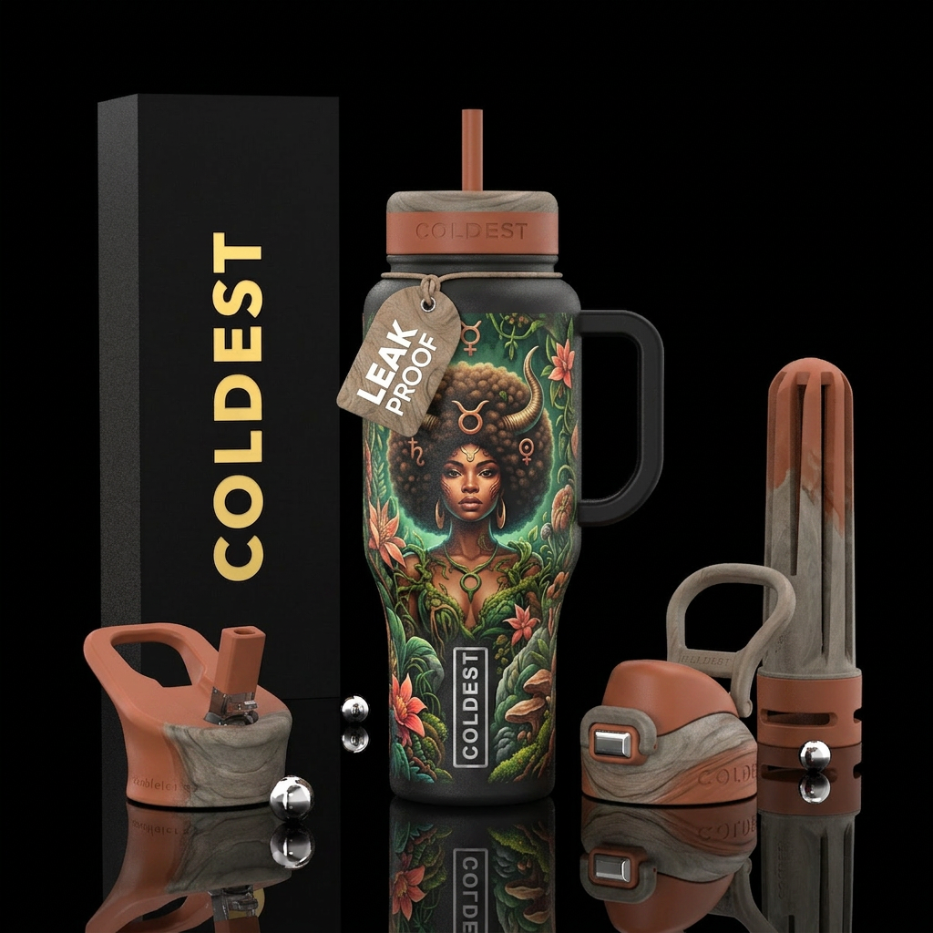 taurus with afro female goddess in peaceful surrou... water bottle design