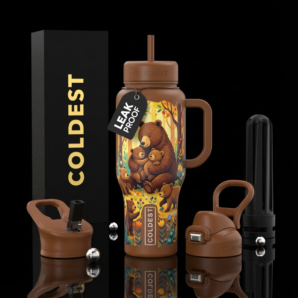 Brown Bear with baby bears water bottle design