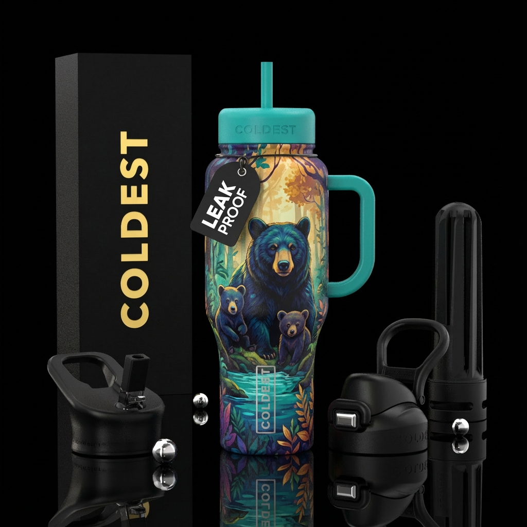 Black Bear with baby bears water bottle design