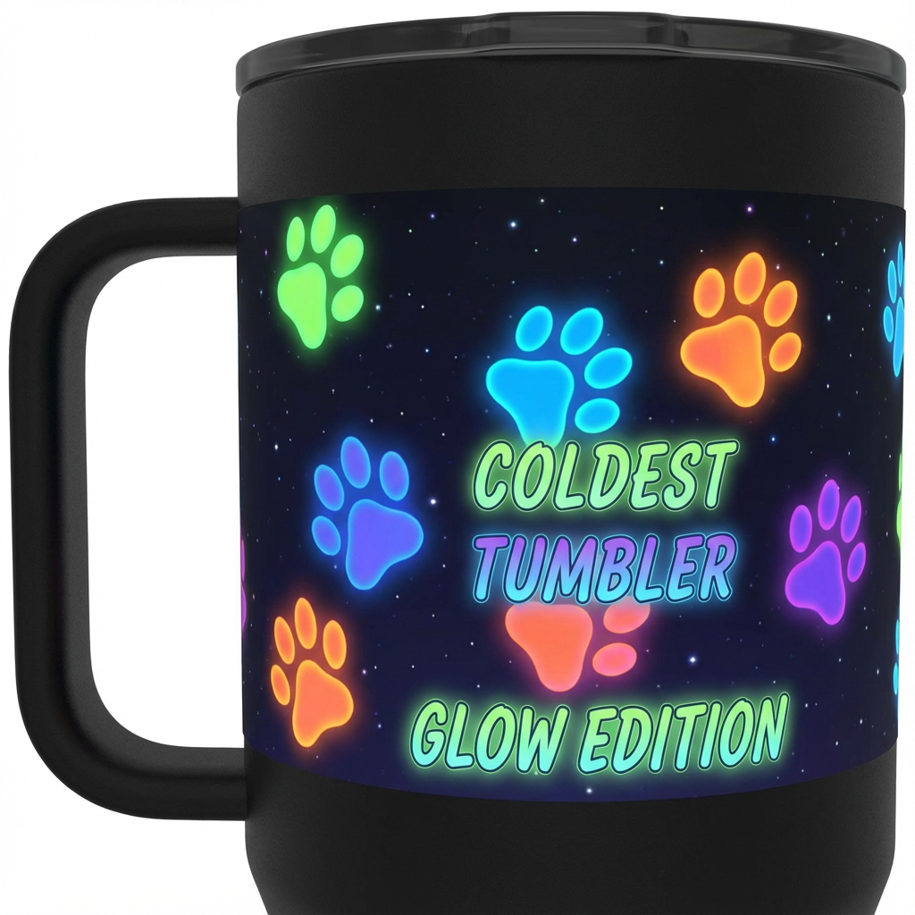 Glow in the Dark Colorful paw prints water bottle design