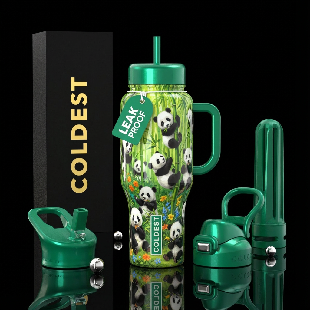 Baby panda bears, playful, glossy, outdoorsy, vibr... water bottle design
