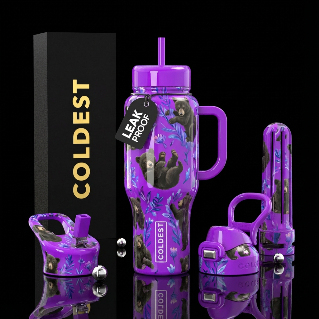 Realistic Baby black bears, purple cup, playful, g... water bottle design