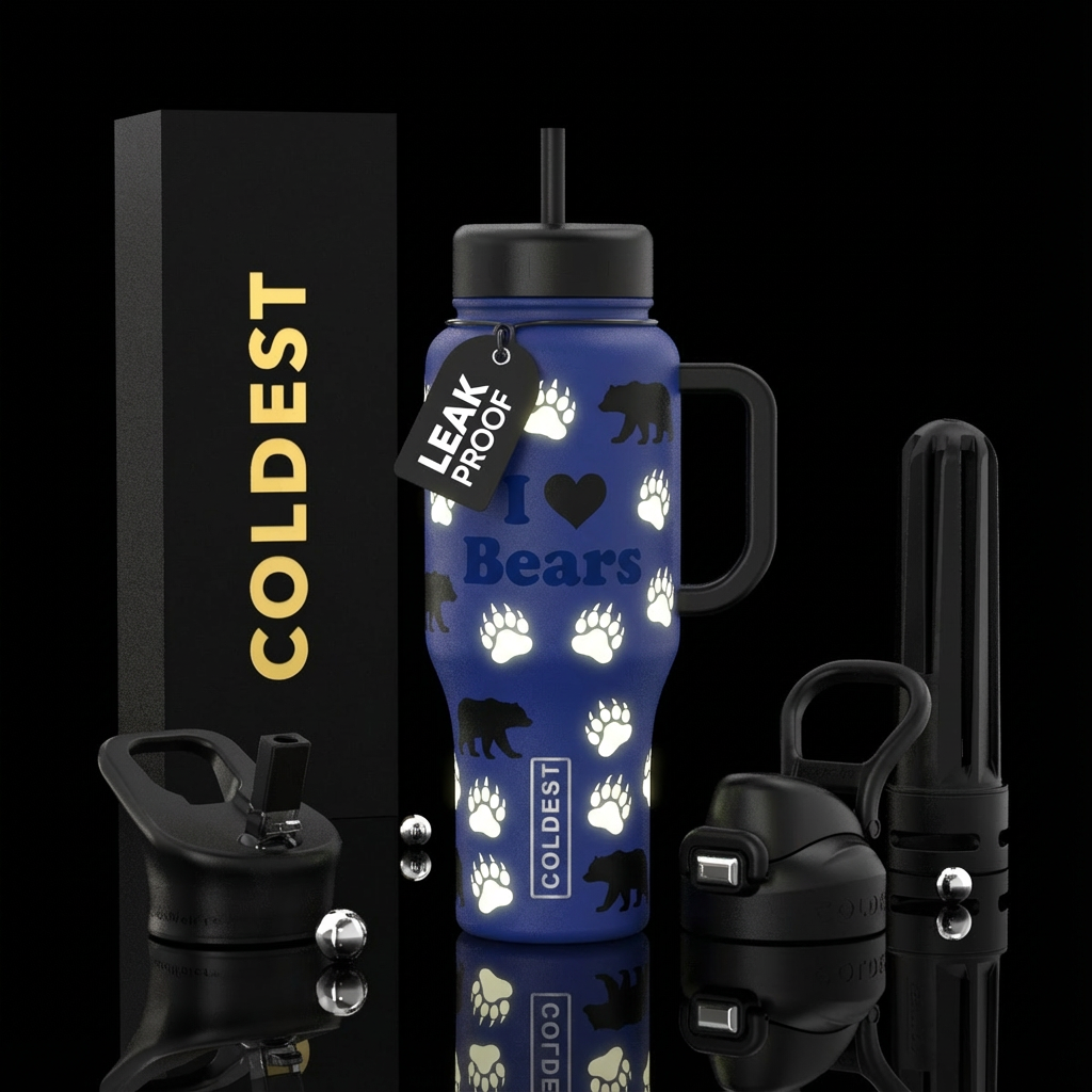 glowie paw prints, black baby bears, navy cup, bla... water bottle design