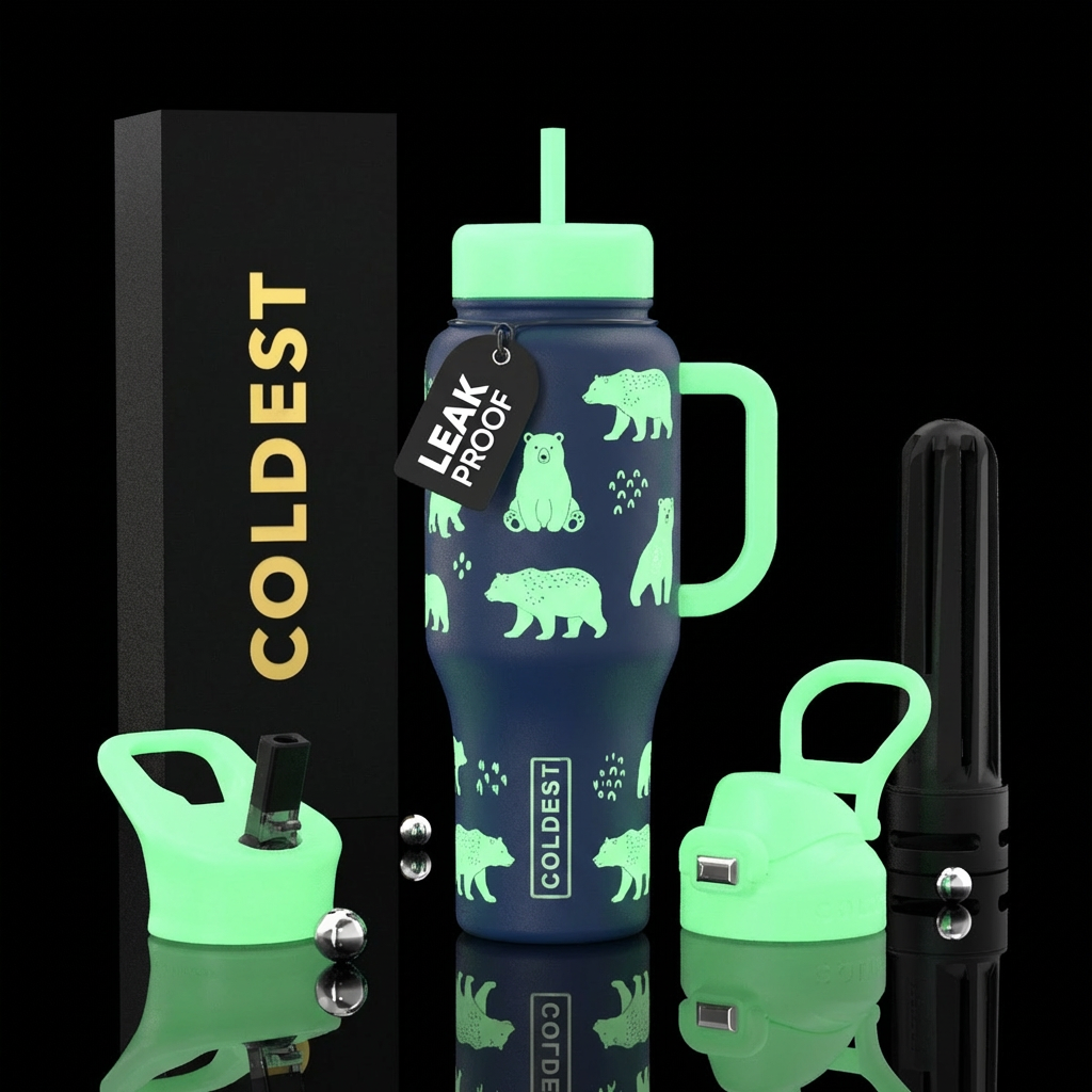 Dark blue bottle with black accessories, glow in t... water bottle design