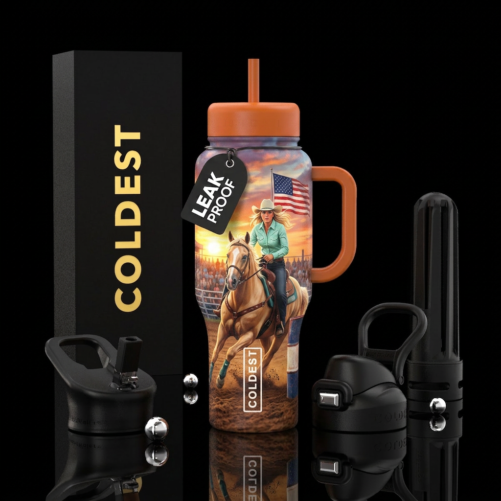Blonde haired, blue eyed barrel racer wearing a mi... water bottle design