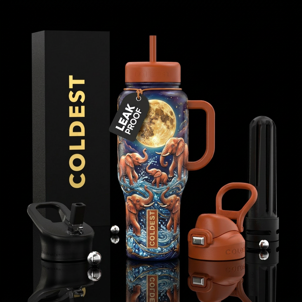 Elephants playing in and with water, harvest moon water bottle design
