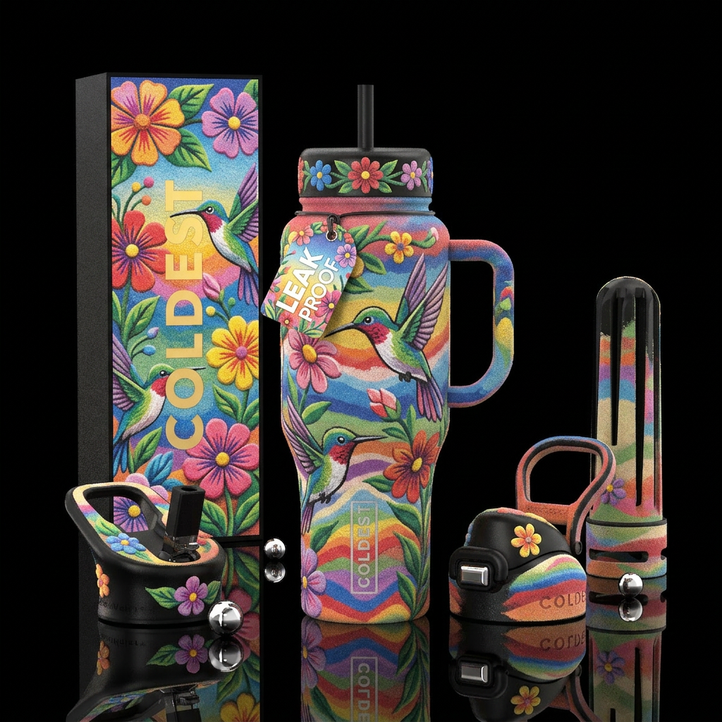 Colorful bottled sand art of flowers and hummingbi... water bottle design