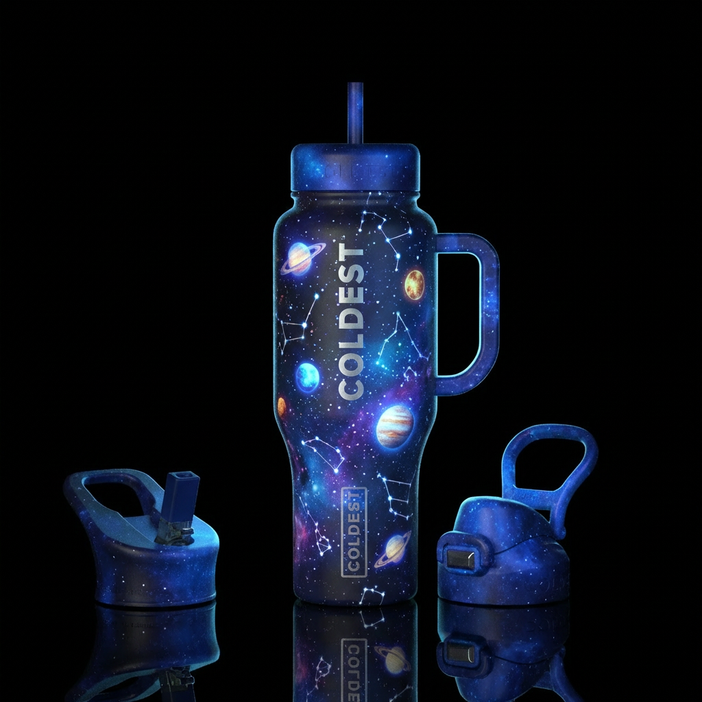 Constellations and space with planets glowing water bottle design