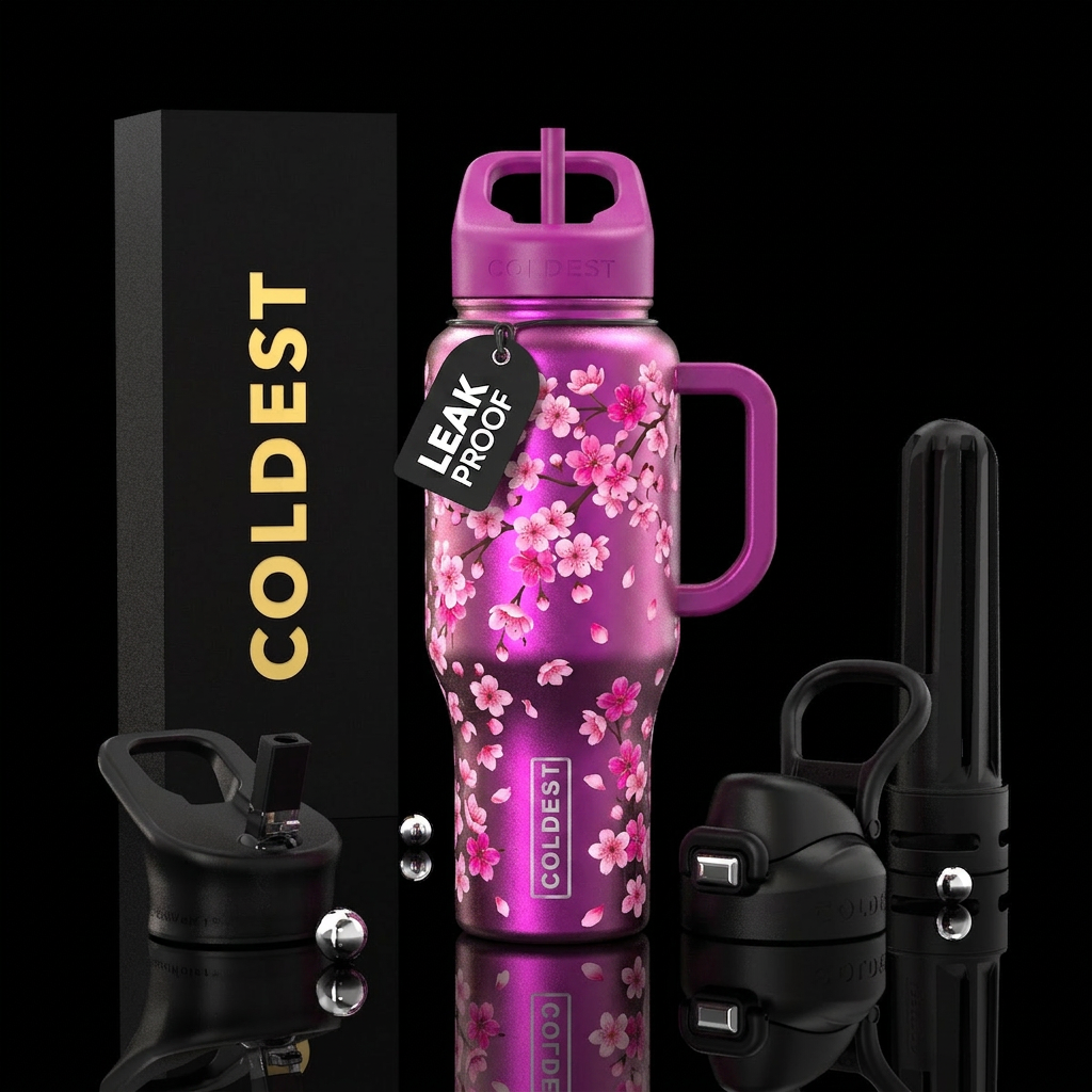 Cherry blossoms and petals falling, magenta, hawai... water bottle design