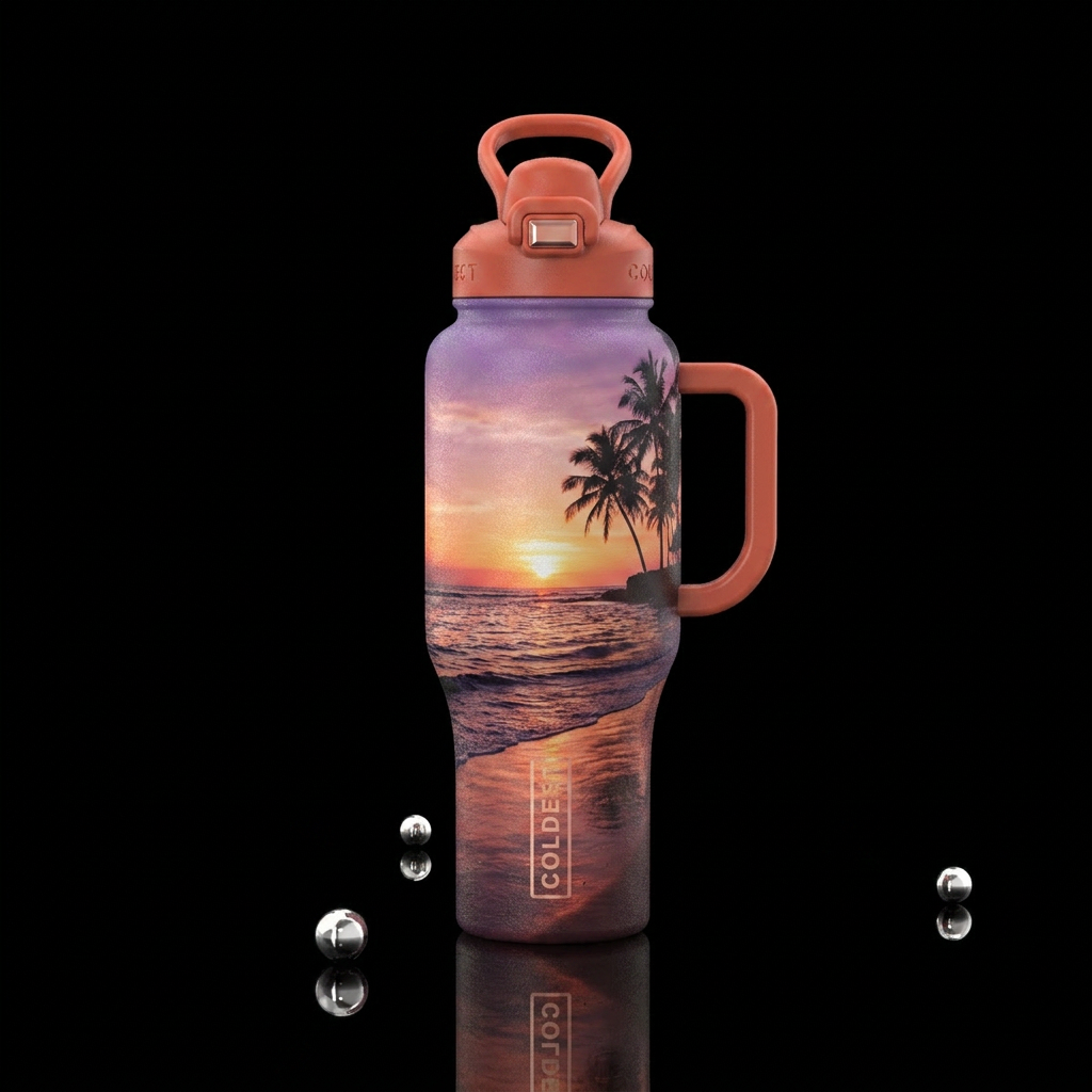 Sunset at the beach, waves, calm waters, captivati... water bottle design