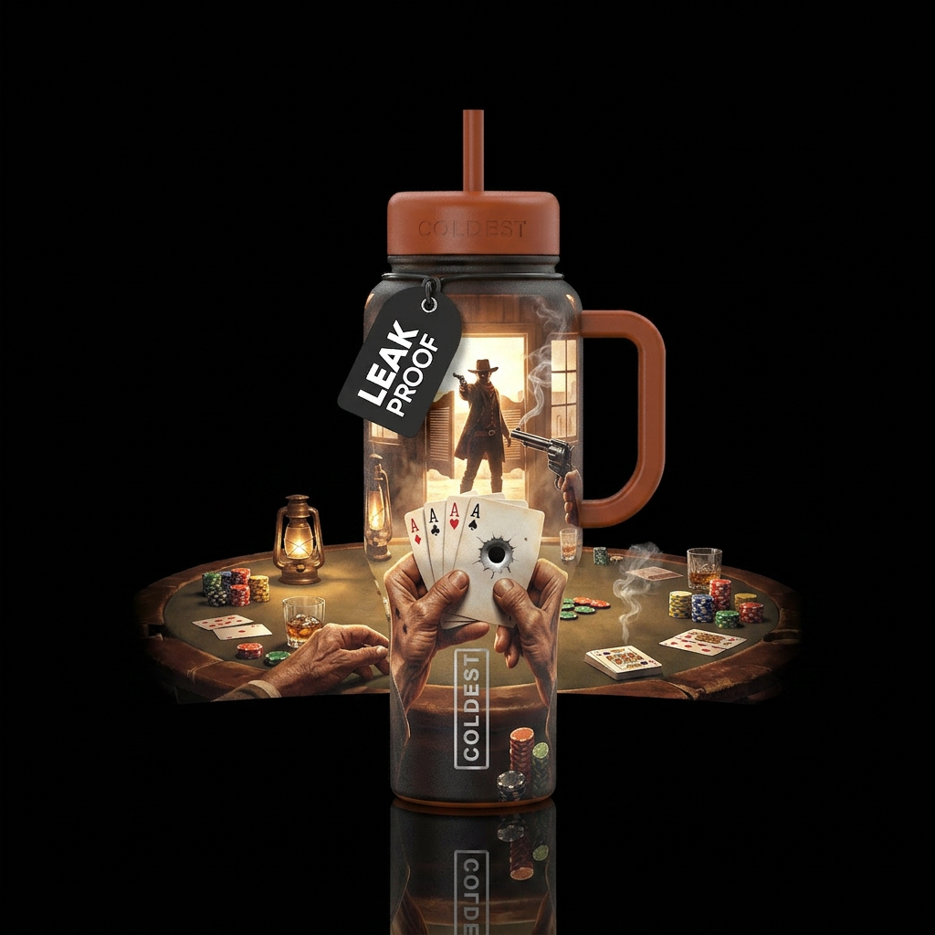 POV Western poker scene, viewed from the perspecti... water bottle design
