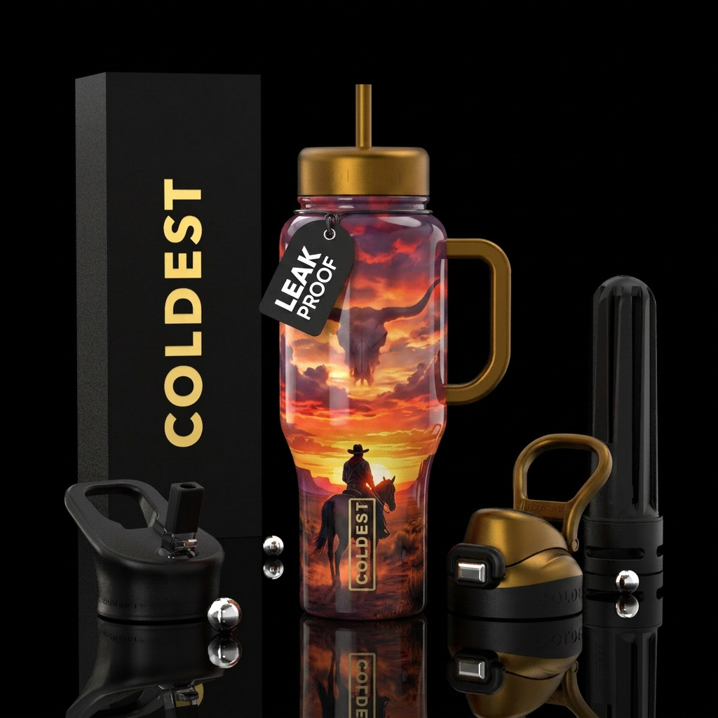 A lone cowboy riding through a desert at sunset. H... water bottle design