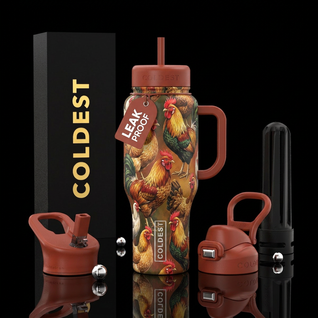 Earth tones with hens and roosters water bottle design