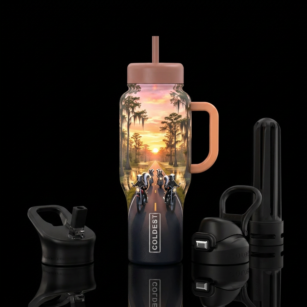 A Louisiana swamp at sunset, drenched in golden an... water bottle design