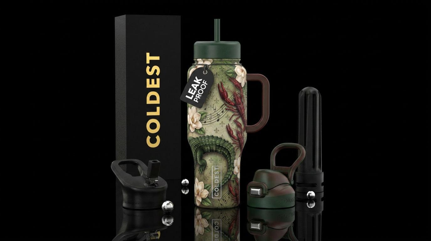 Crawfish are prominently featured climbing up one ... water bottle design