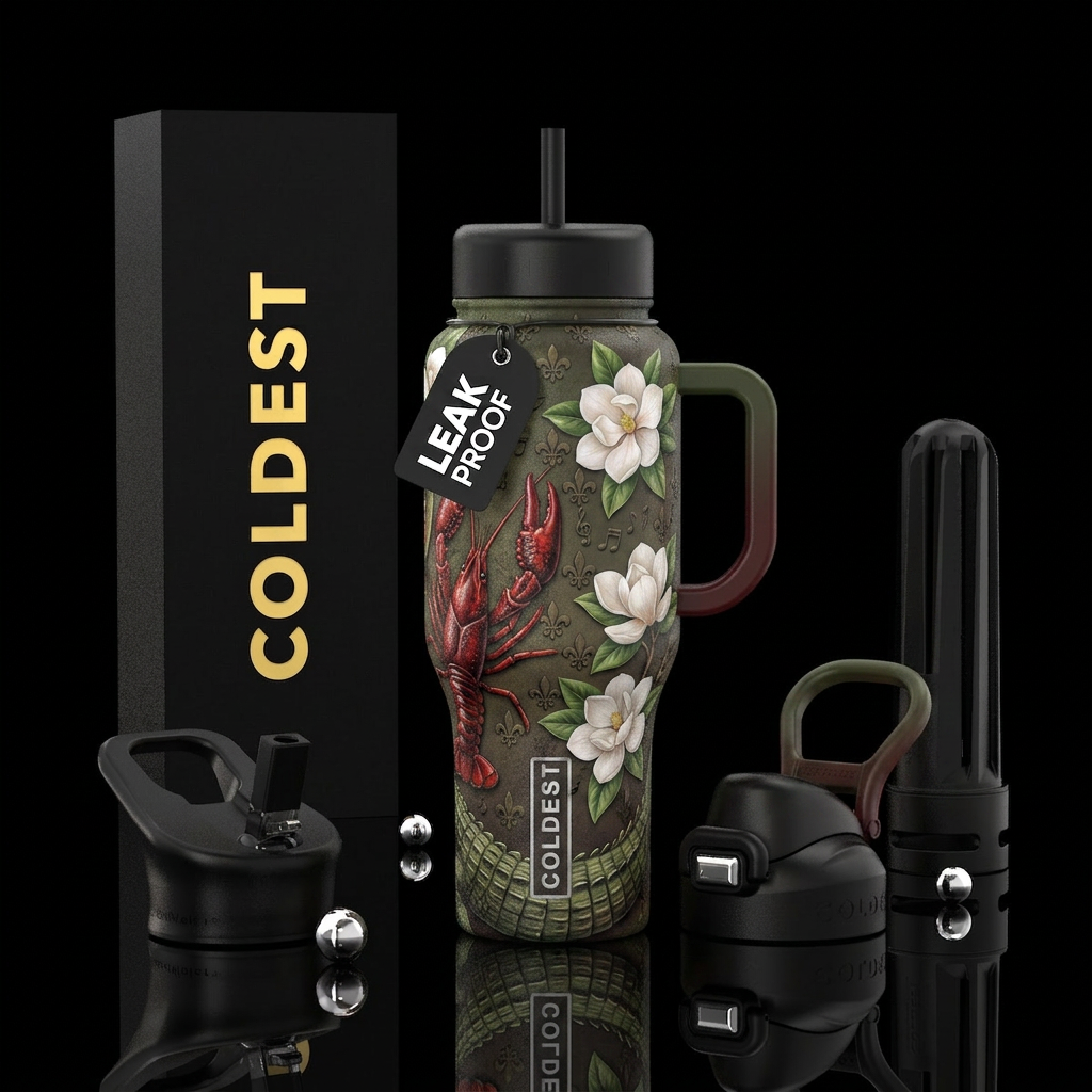 Crawfish are prominently featured climbing up one ... water bottle design