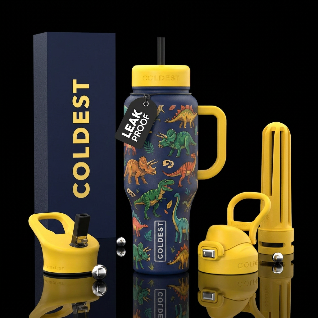 a deep navy blue base color, featuring a bright su... water bottle design