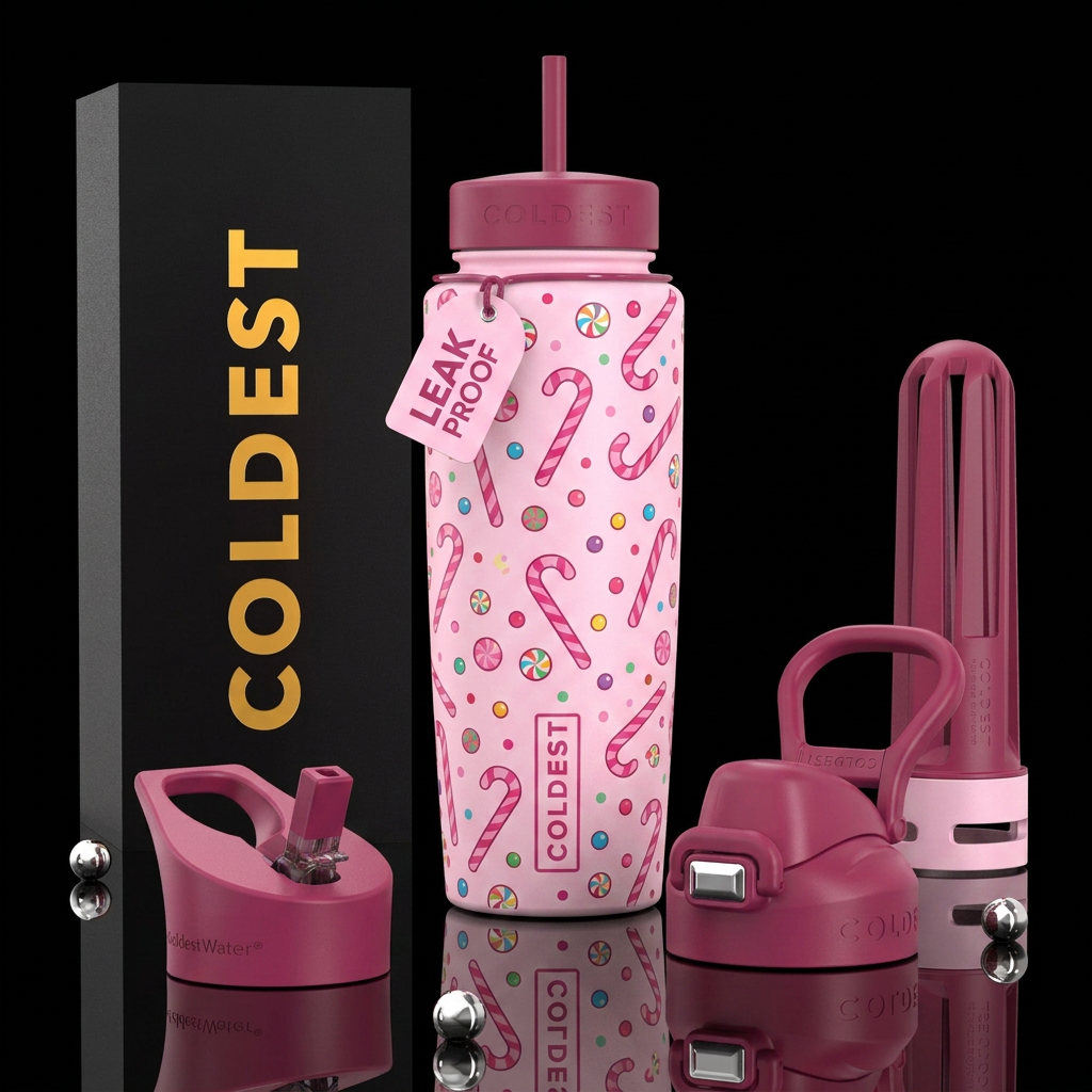 Pink candy Christmas water bottle design