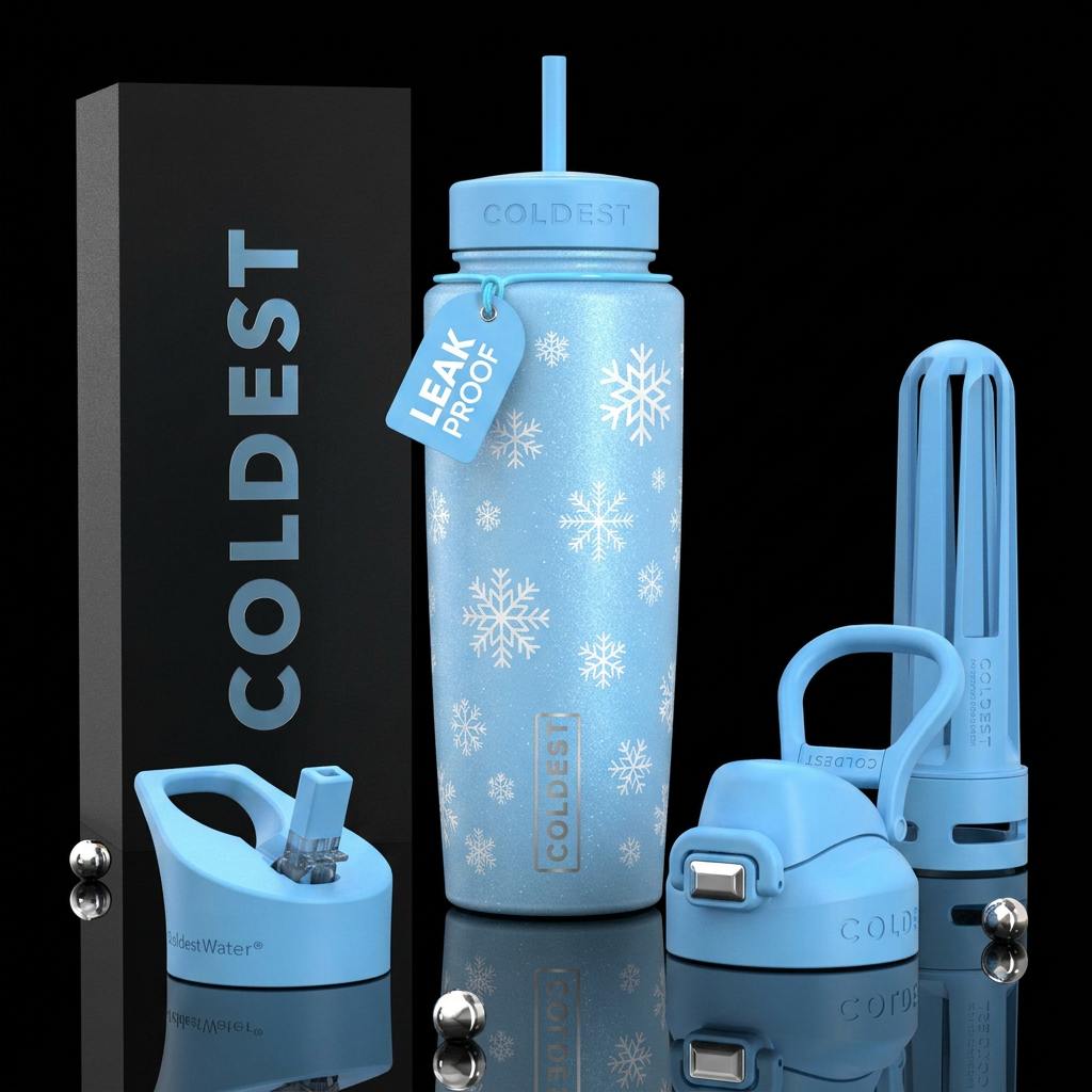 Light blue bottle with sparkly white snowflakes of... water bottle design