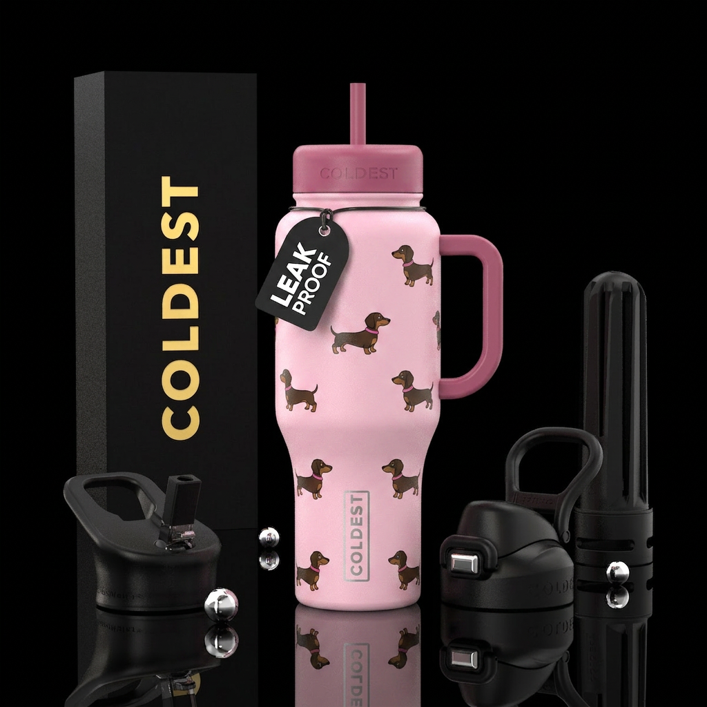 Light pink bottle with little brown and black cart... water bottle design
