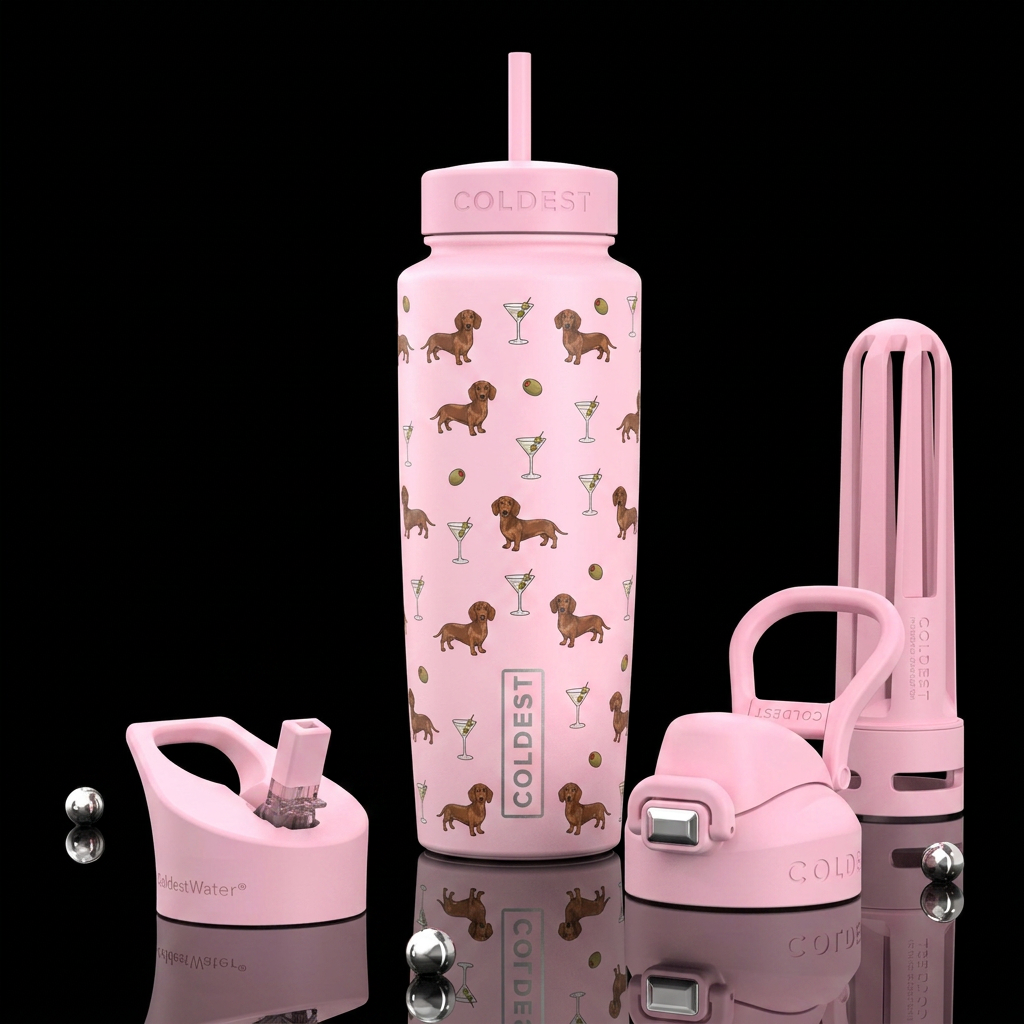 Weenies and martinis water bottle design