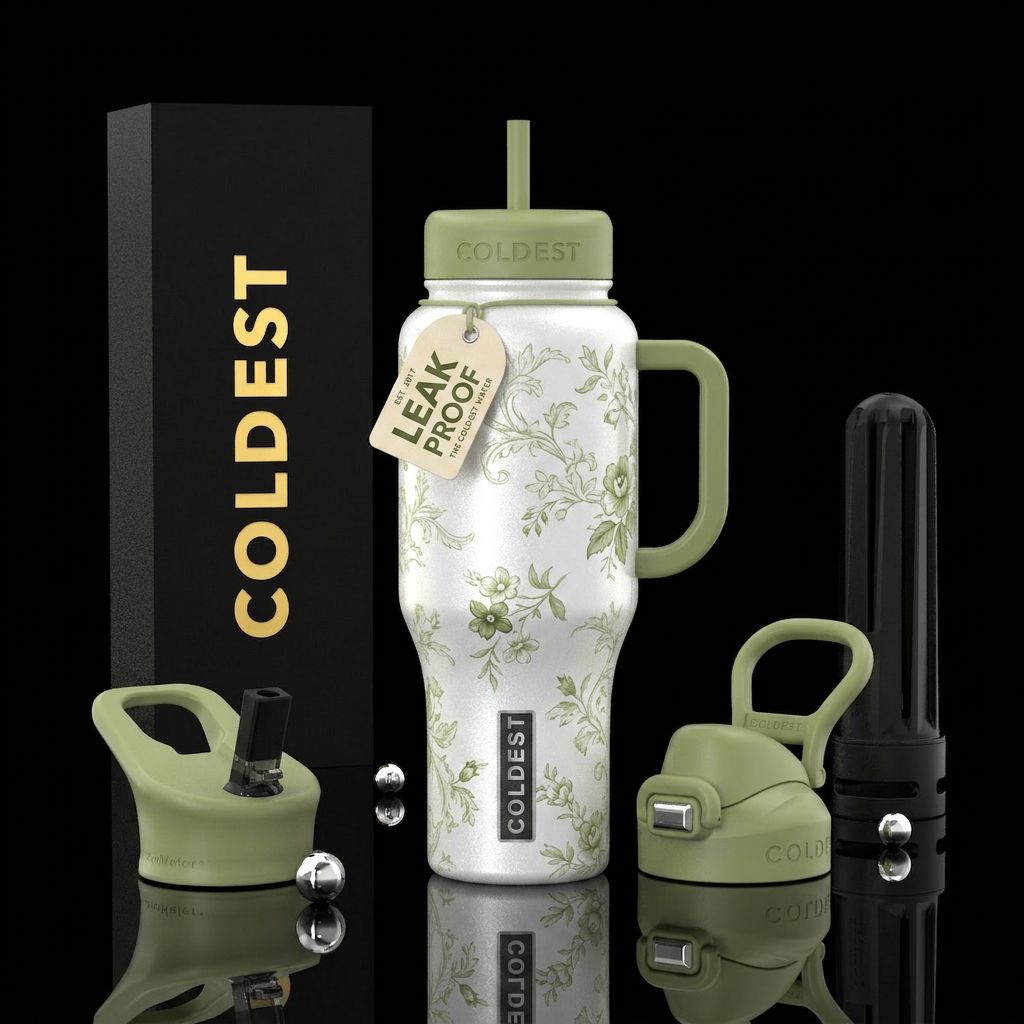 Shimmery white bottle with light green French flor... water bottle design