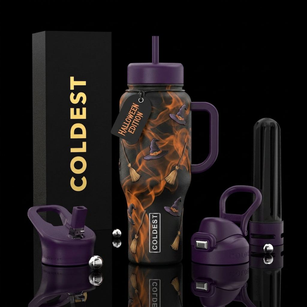 A black bottle with orange smoke around the bottle... water bottle design