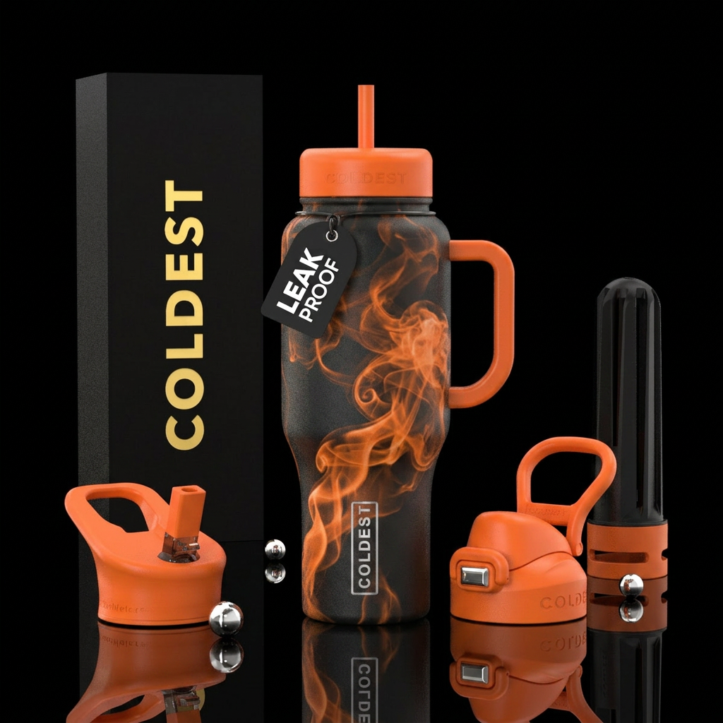 Black bottle with orange smoke around the bottle a... water bottle design