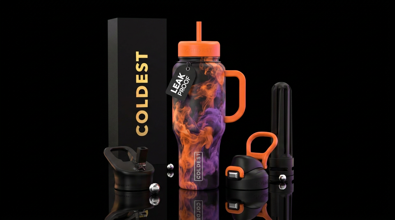 Black bottle with purple and orange smoke around t... water bottle design