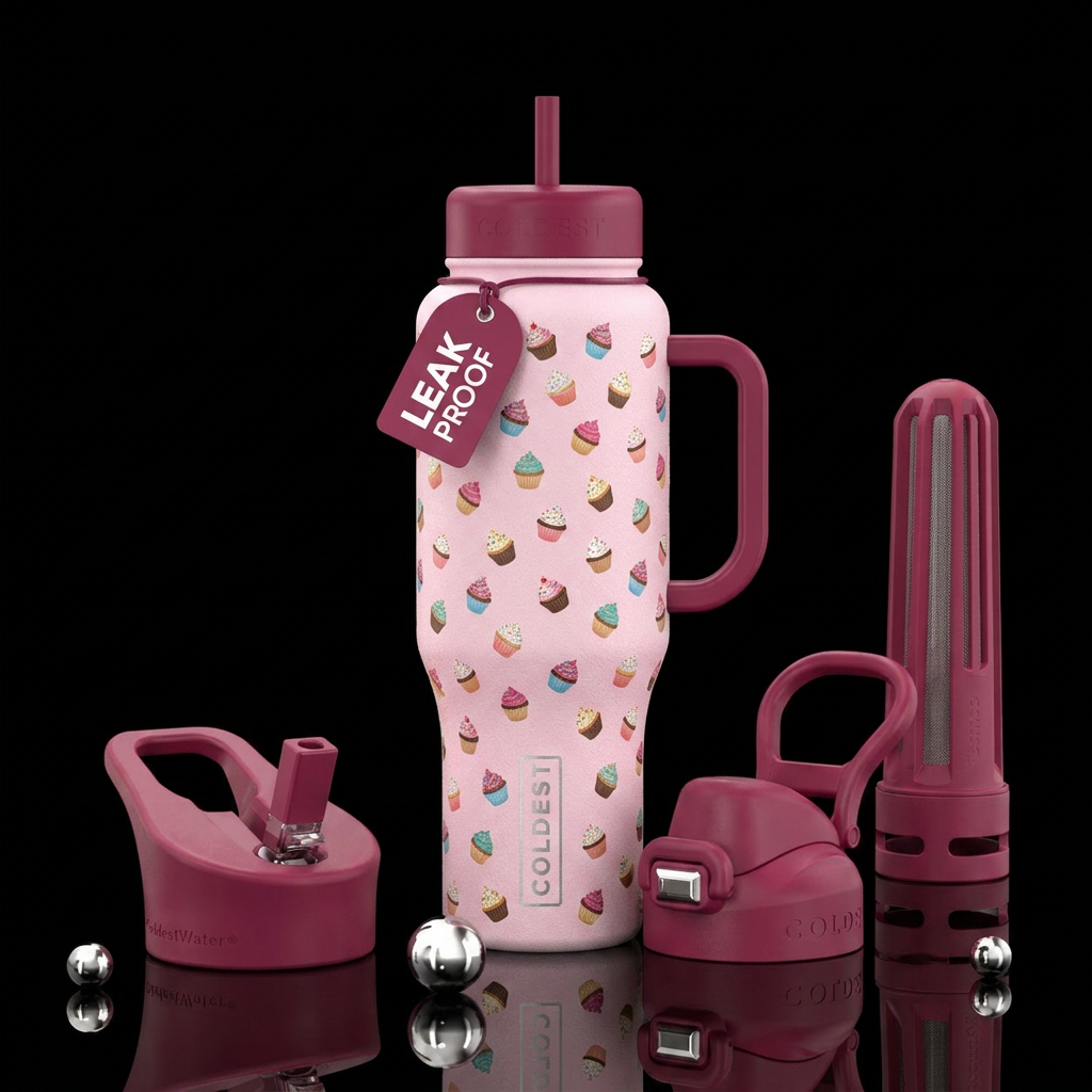 Light pink bottle with tiny cupcakes scattered all... water bottle design