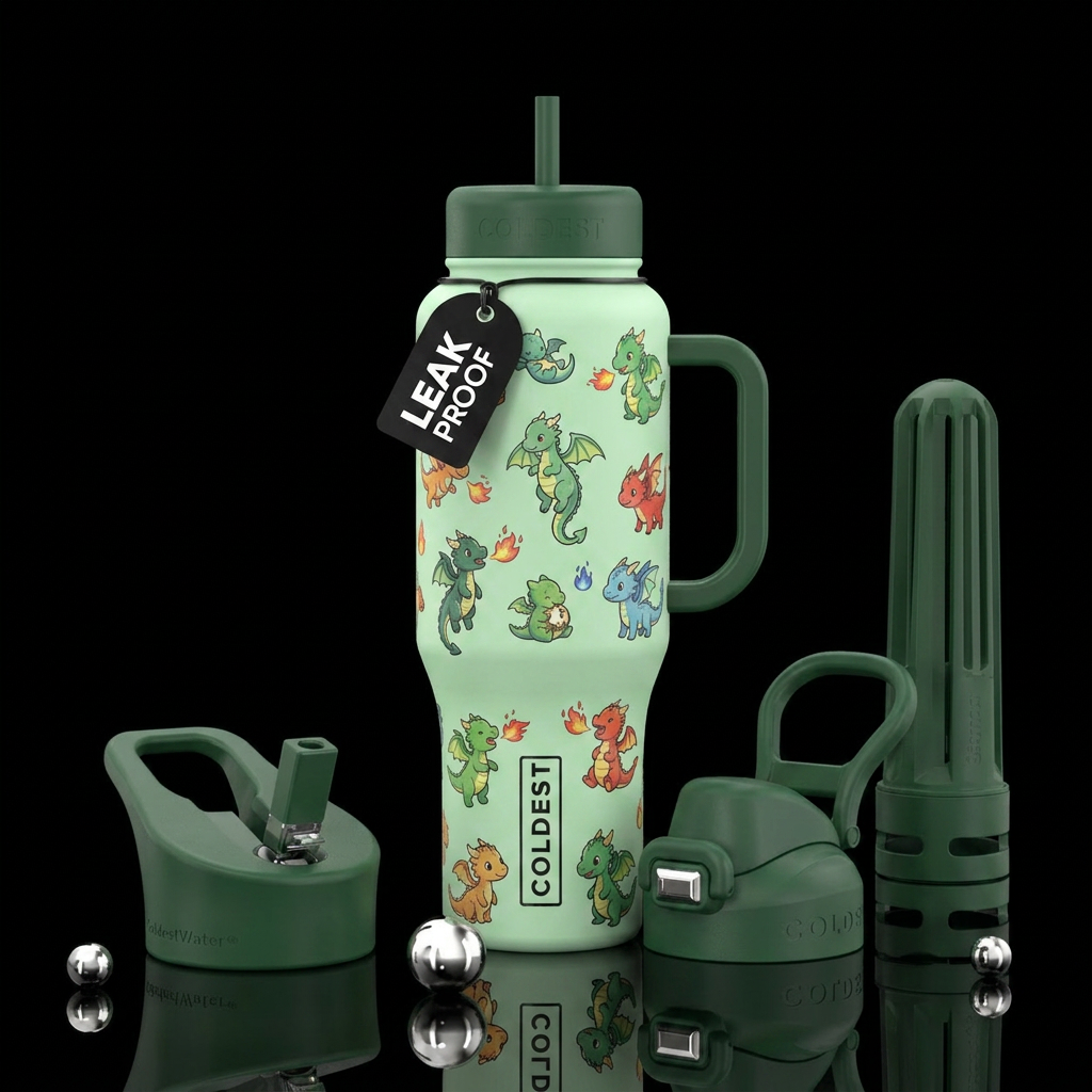 A light green bottle with small cartoon baby drago... water bottle design