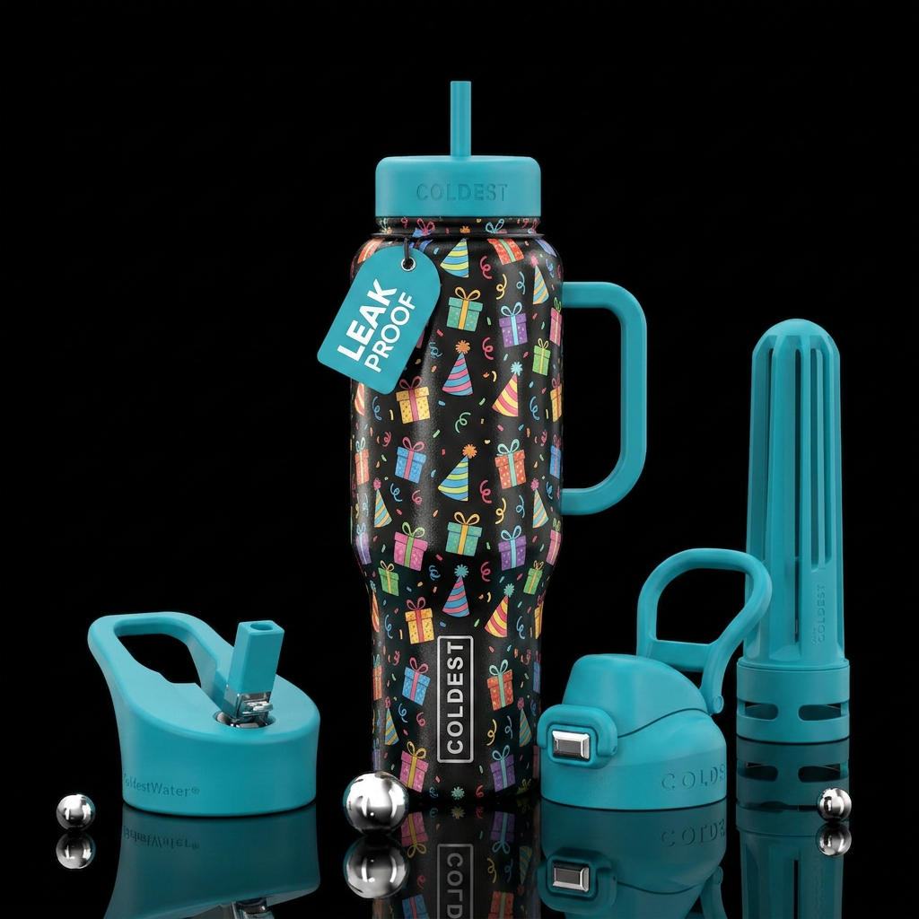 A birthday bottle with small cartoon presents, par... water bottle design
