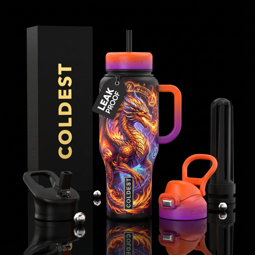 vibrant, dragon, firery, magical water bottle design