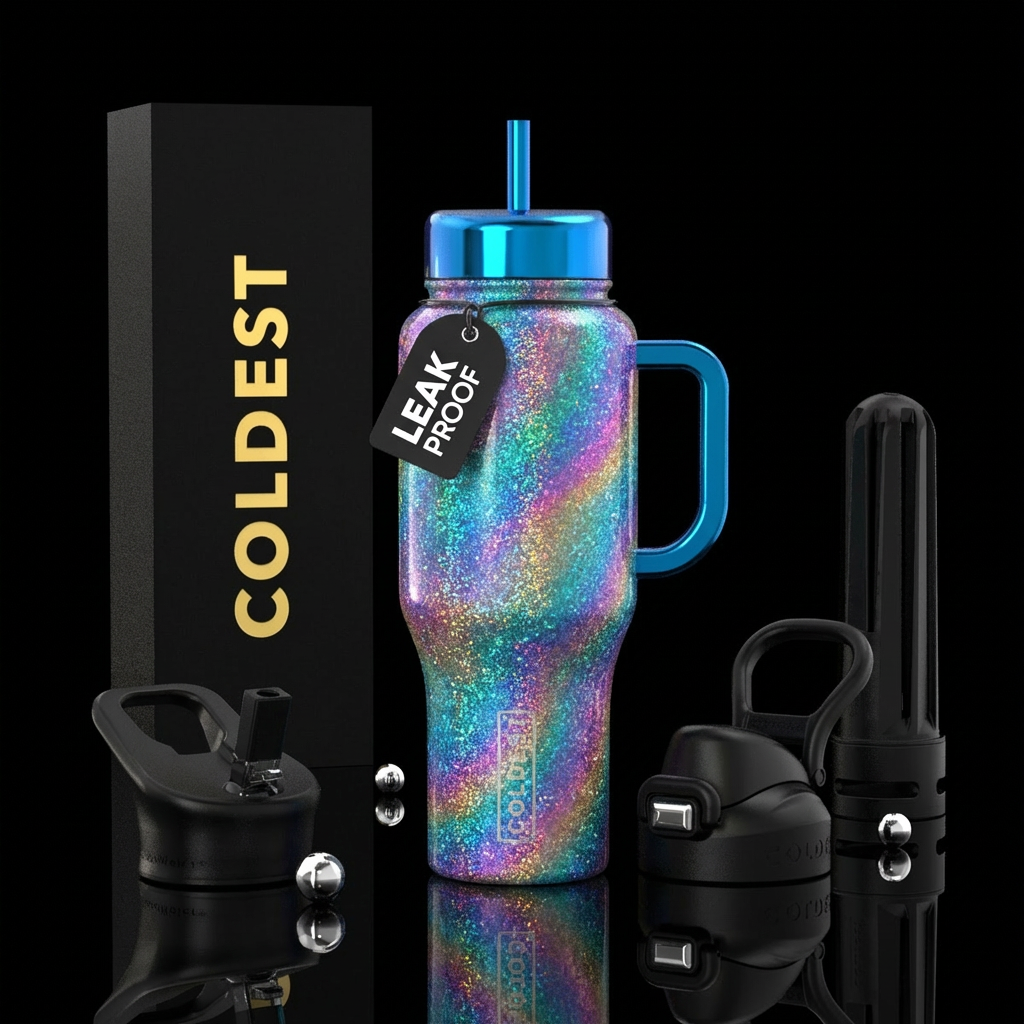 sparkly, shiny, irridescent, happy mood water bottle design